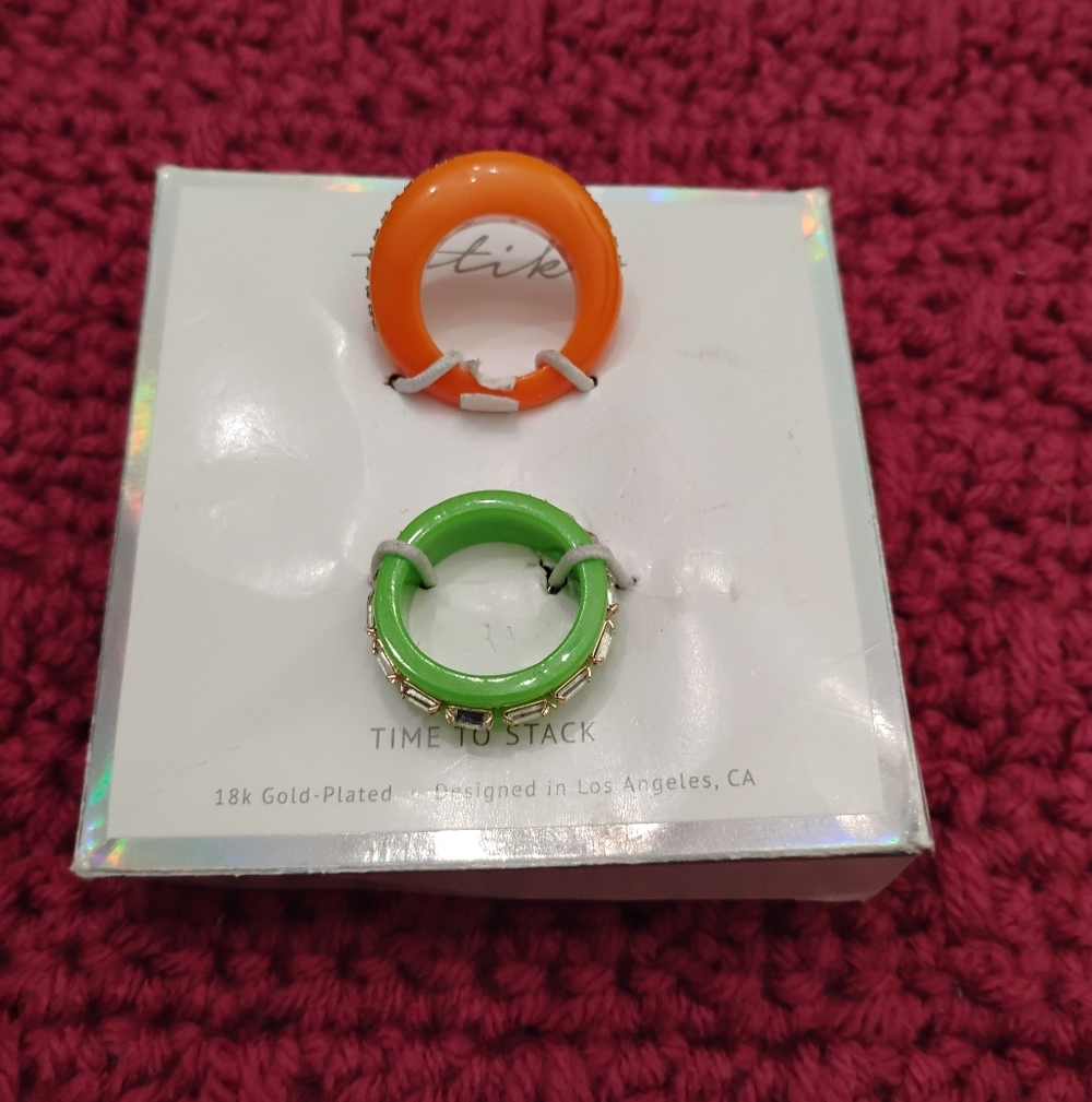 Ettika Time To Stack 18k Gold-Plated CZ & Resin Rings Sz 7 NEW